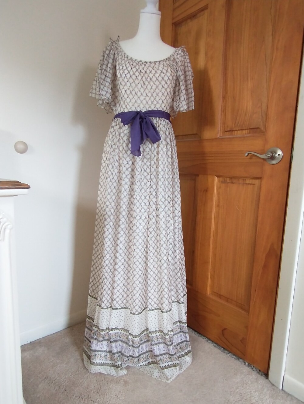 Vintage Bohemian Off-Shoulder Maxi Dress with Purple Sash Cottagecore S
